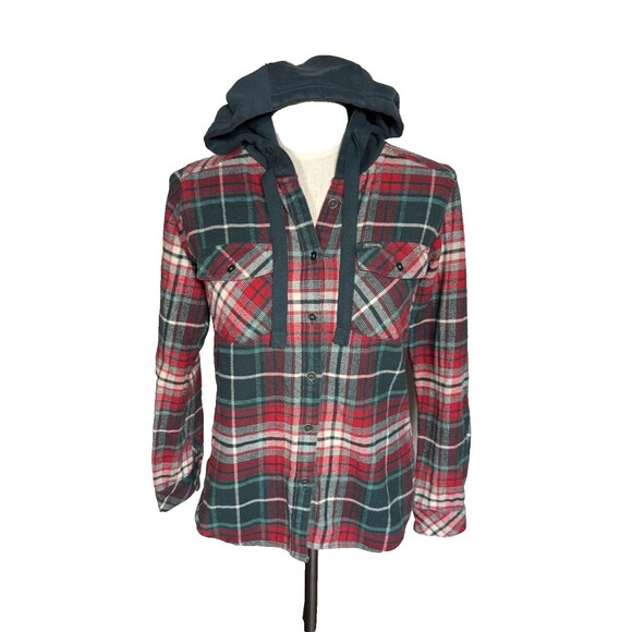 Columbia Tops - Columbia Red and Green Plaid Hooded Button Down Flannel Top Small Gorpcore